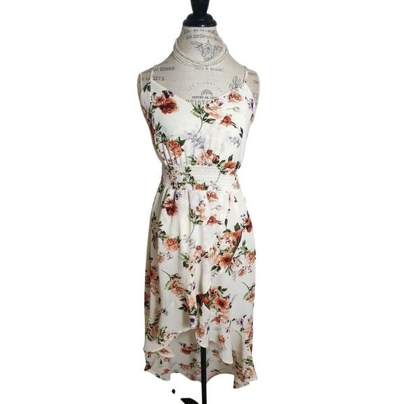 Boho Floral Print Cami Dress L Split Thigh Crossback Cascading Ruffles Midi - Picture 1 of 5